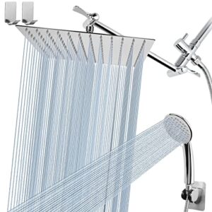 shower head combo with 11'' extension arm，high pressure rain shower head with handheld shower spray and holder/ 1.5m hose，dual rainfall showerhead set，chrome (12 inch)