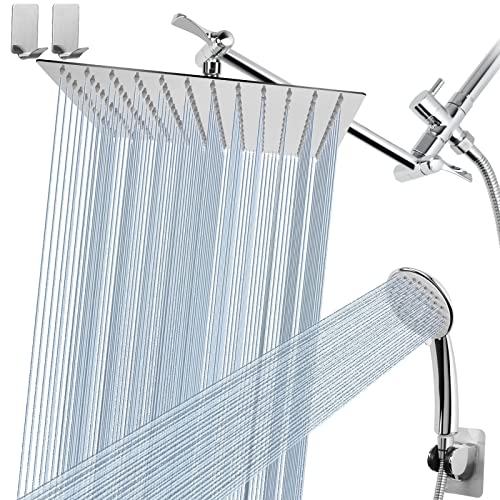 Shower Head Combo with 11'' Extension Arm，High Pressure Rain Shower Head with Handheld Shower Spray and Holder/ 1.5M Hose，Dual Rainfall Showerhead Set，Chrome (12 Inch)