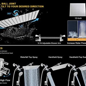 Shower Head Combo with 11'' Extension Arm，High Pressure Rain Shower Head with Handheld Shower Spray and Holder/ 1.5M Hose，Dual Rainfall Showerhead Set，Chrome (12 Inch)