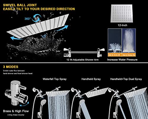 Shower Head Combo with 11'' Extension Arm，High Pressure Rain Shower Head with Handheld Shower Spray and Holder/ 1.5M Hose，Dual Rainfall Showerhead Set，Chrome (12 Inch)