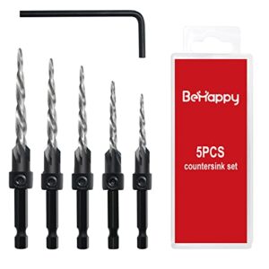 behappy countersink drill bit set, 5pcs m2 hss tapered wood countersink drill bits #4, 6, 8, 10, 12 tapered bit with 1/4" hex shank quick, allen wrench, counter sinker drill bit set for woodworking