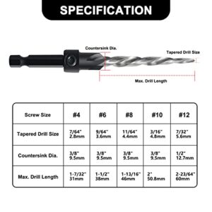 BeHappy Countersink Drill Bit Set, 5PCS M2 HSS Tapered Wood Countersink Drill Bits #4, 6, 8, 10, 12 Tapered Bit with 1/4" Hex Shank Quick, Allen Wrench, Counter Sinker Drill Bit Set for Woodworking