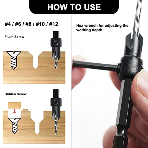 BeHappy Countersink Drill Bit Set, 5PCS M2 HSS Tapered Wood Countersink Drill Bits #4, 6, 8, 10, 12 Tapered Bit with 1/4" Hex Shank Quick, Allen Wrench, Counter Sinker Drill Bit Set for Woodworking