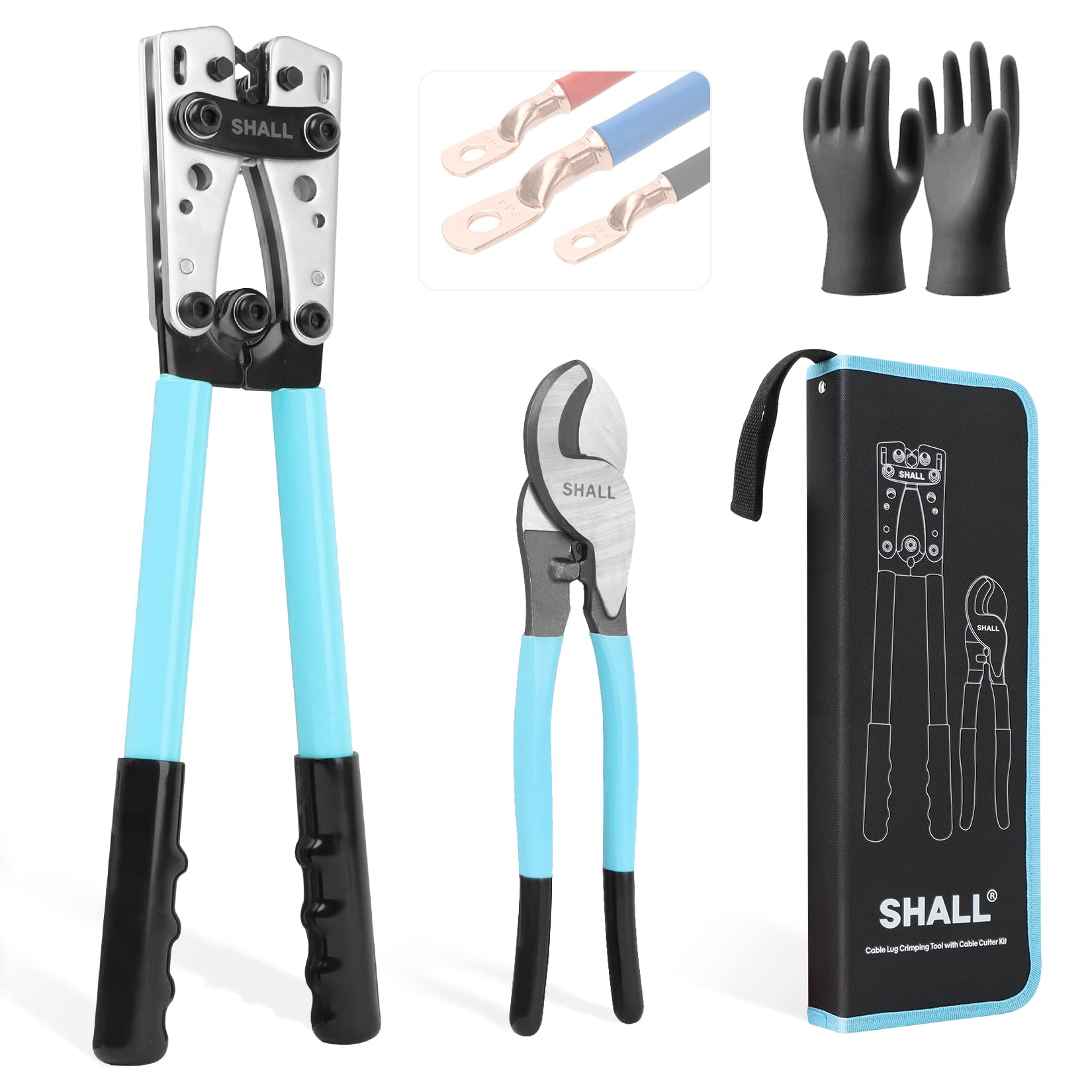 SHALL Battery Cable Wire Lug Crimping Tool Kit for US Copper Lugs AWG 8-1/0, Wire Crimping Tool for Electrical Lug Crimper with Cable Cutter, Heavy Duty Battery Terminal Crimper with Storage Bag