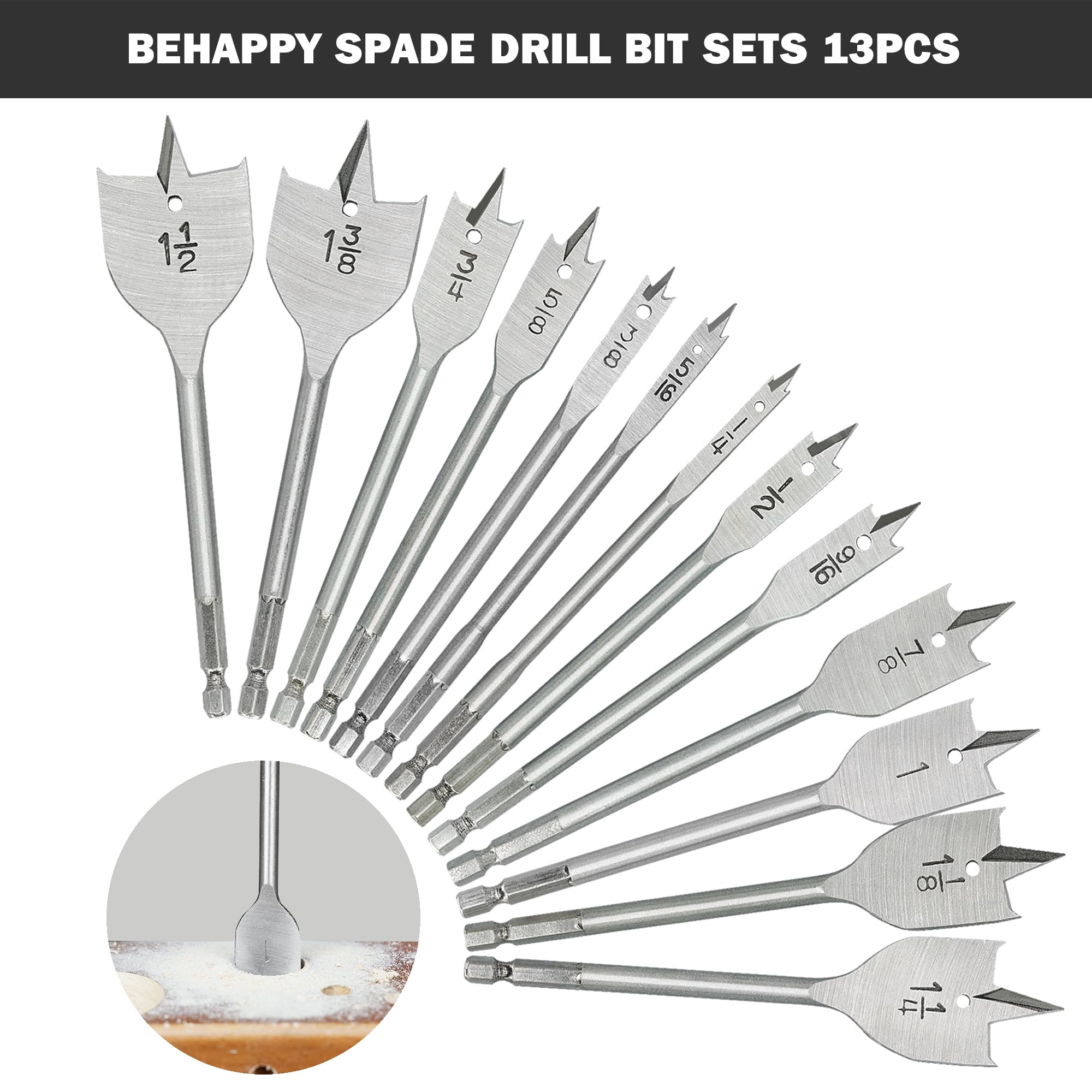 BeHappy 13 Piece Spade Drill Bit Set, Wood Drill Bit Set, Paddle Flat Bit Sets for Woodworking, Carbon Steel Paddle Flat Bit with Quick Change Shank, Nylon Storage Pouch Included, 1/4" to 1-1/2"