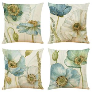 Outdoor Pillow Covers 18 X 18 Inch Set of 4, Floral Plants Decorative Throw Pillow Covers Summer Outdoor Pillow Covers Linen Square Pillow Cases Sofa Cushion Case for Farmhouse Living Room Patio Home