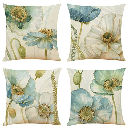 Outdoor Pillow Covers 18 X 18 Inch Set of 4, Floral Plants Decorative Throw Pillow Covers Summer Outdoor Pillow Covers Linen Square Pillow Cases Sofa Cushion Case for Farmhouse Living Room Patio Home