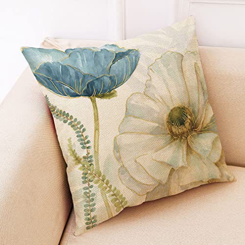 Outdoor Pillow Covers 18 X 18 Inch Set of 4, Floral Plants Decorative Throw Pillow Covers Summer Outdoor Pillow Covers Linen Square Pillow Cases Sofa Cushion Case for Farmhouse Living Room Patio Home