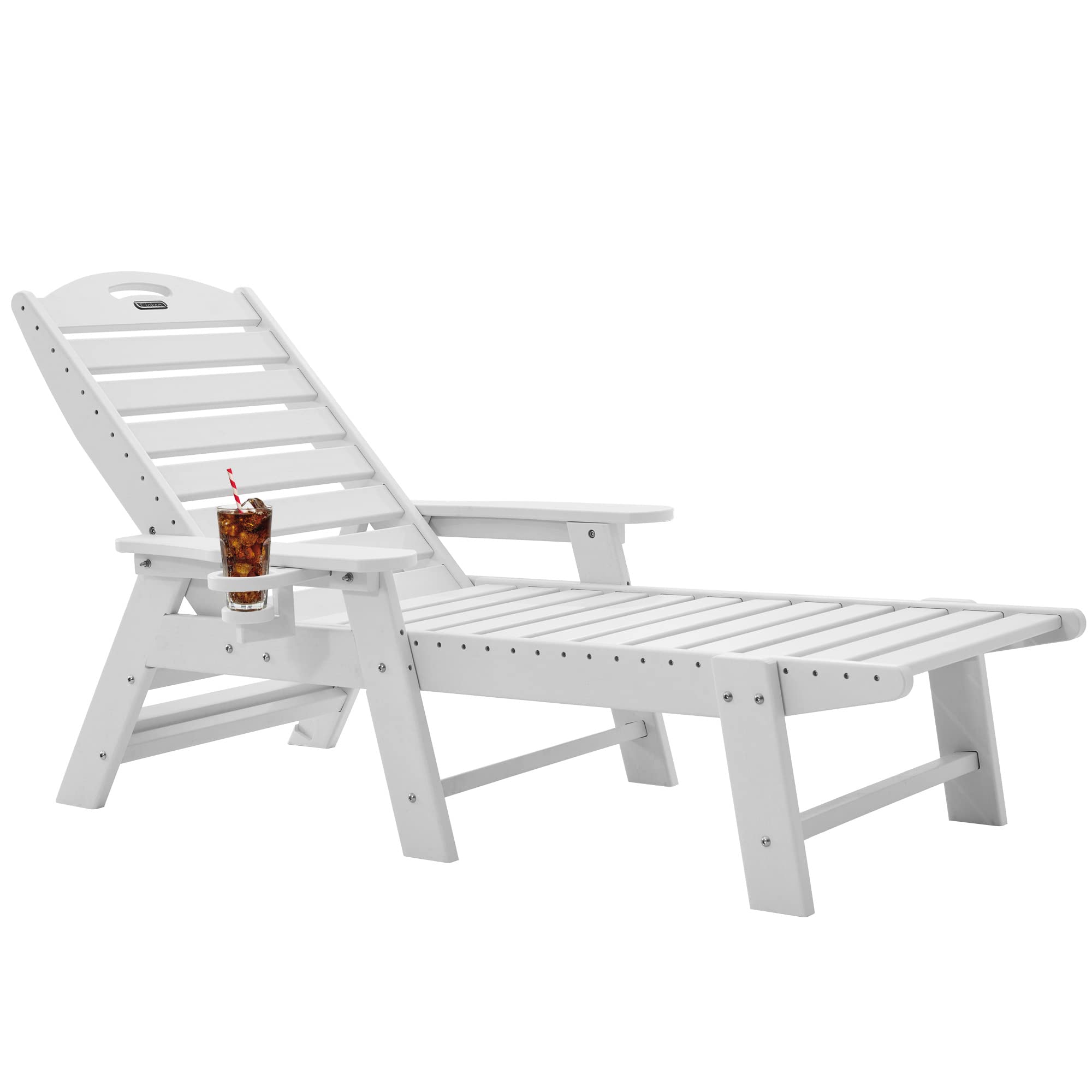 Chaise Lounge for Outdoor, Patio Lounge Chairs for Outside, Chaise Lounge Chair with 6 Positions, HDPE Lounge Chair with Cup Holder Easy Assembly for Pool Beach Garden, White