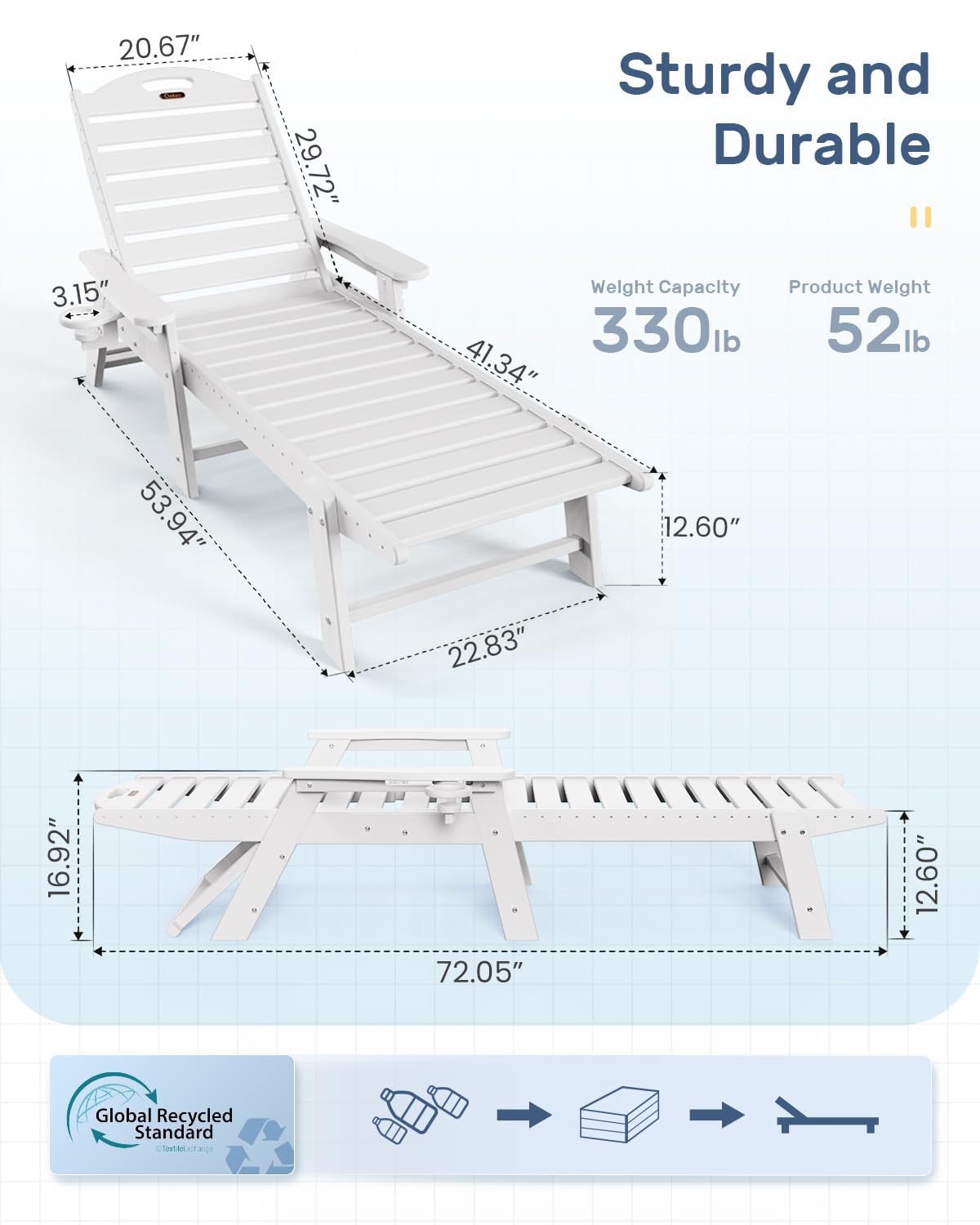 Chaise Lounge for Outdoor, Patio Lounge Chairs for Outside, Chaise Lounge Chair with 6 Positions, HDPE Lounge Chair with Cup Holder Easy Assembly for Pool Beach Garden, White