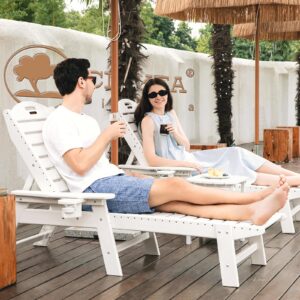 Chaise Lounge for Outdoor, Patio Lounge Chairs for Outside, Chaise Lounge Chair with 6 Positions, HDPE Lounge Chair with Cup Holder Easy Assembly for Pool Beach Garden, White