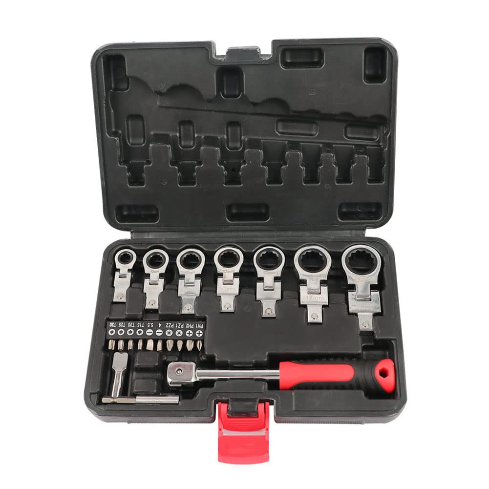 LSLANSOON 20 Pcs Flex Head Ratchet Wrench Set, 8mm-19mm Changeable Torx Head Wrench Ratchet Screwdriver Multi Tool Set with Case