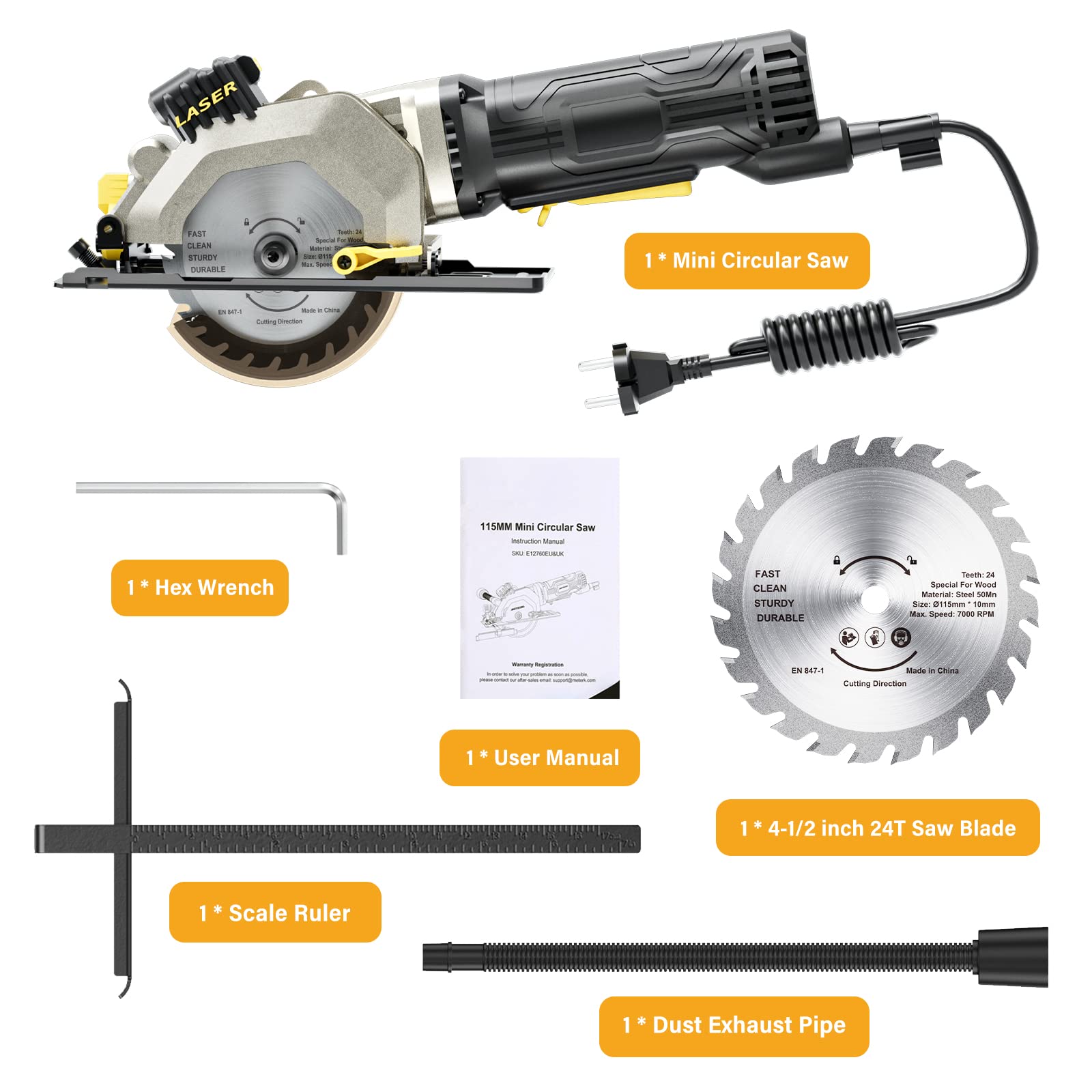 Mini Circular Saw, 4.8 Amp 4-1/2 Inch Compact Circular Saw, 3700RPM, Electric Circular Saws with Laser Cutting Guide, Perfect for Wood, Tile and Plastic Cuts