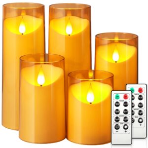 nurada flickering flameless candles: acrylic led pillar candles battery operated with remote and timer imitation glass candle for home table bathroom decor, gold, pack of 5 (d 3"×h 4" 5" 6" 8" 8")