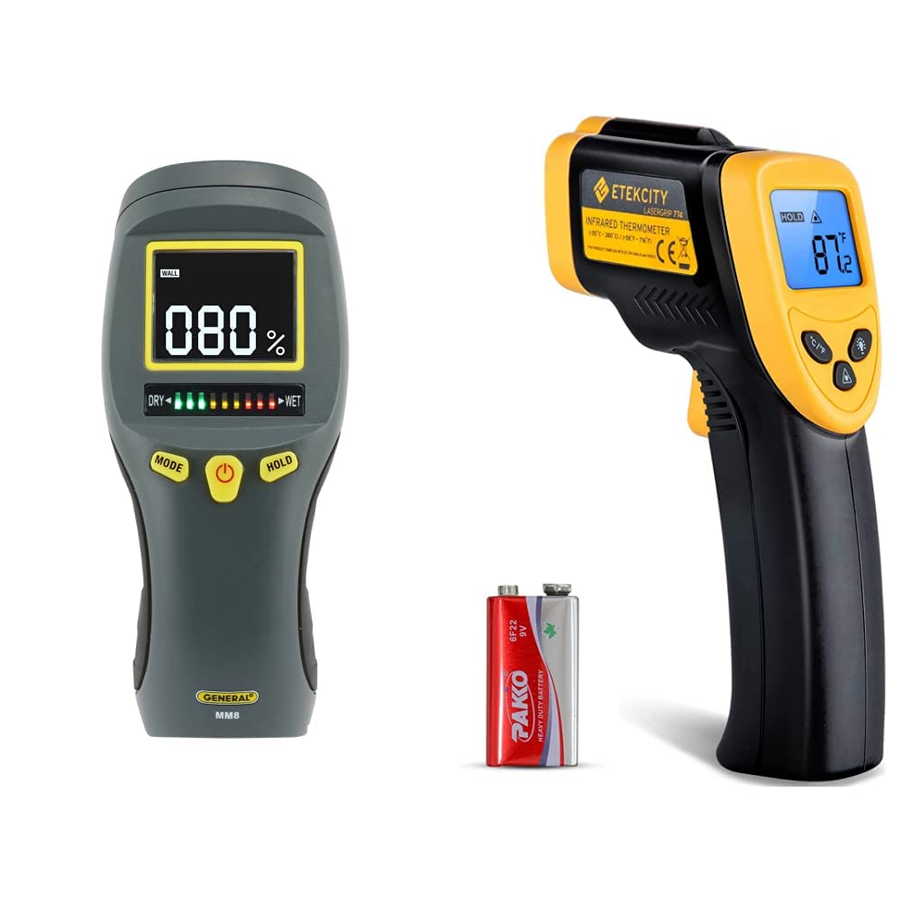 General Tools LCD Moisture Meter #MM8 - Leak and Humidity Detector & Etekcity Infrared Thermometer 774, Digital Temperature Gun for Cooking, Non Contact Electric Laser IR Temp Gauge, Yellow