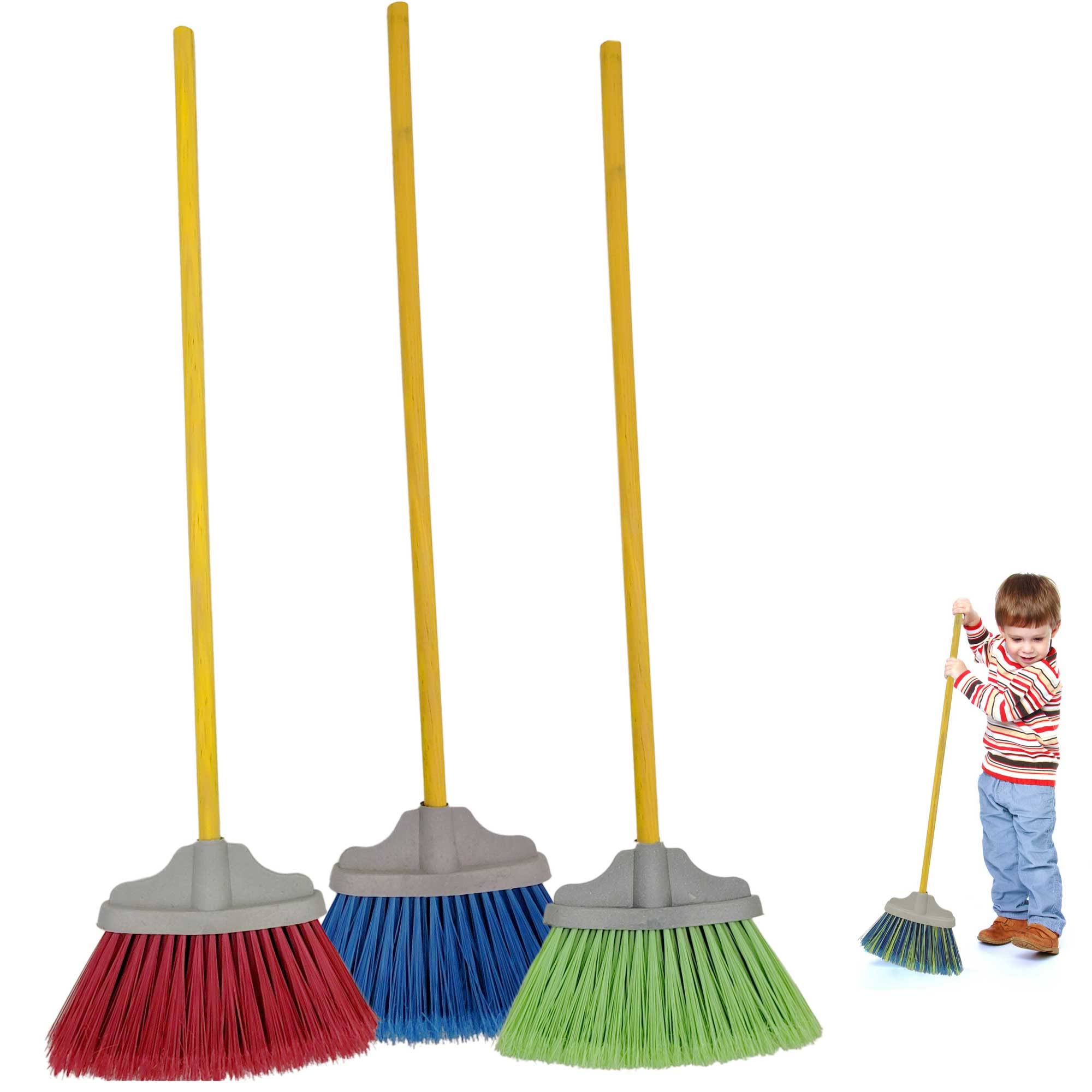 Children's Brooms 27" Long for Kids Sweeping Indoors Outdoors Leaves Wooden Handle (Set of 3)