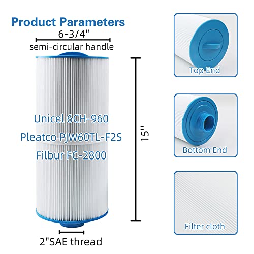 ROLFILLT PJW60TL-F2S Replaces Jacuzzi J-300 J-400 Spa Filter，Compatible with Unicel 6CH-960, Filbur FC-2800，6540-476, 6540-383, Hot Tub Filter with Closed Handle(Not be Removed). 2 Pack