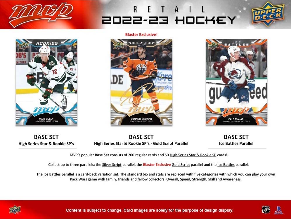 2022 2023 Upper Deck M V P Hockey Series Unopened Blaster Box of 15 Packs with Chance for Rookies Plus #1 Draft Picks Cards and Blaster Exclusive Gold Scripts