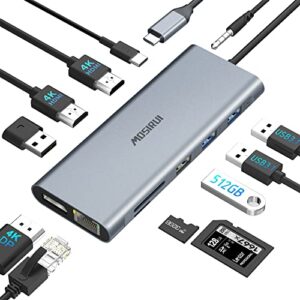 usb c docking station triple monitor 4k@60hz, 12-in-1 laptop docking station dual monitor usb c hub dock with 10gbps usb3.1+2 hdmi+displayport+pd+ethernet+sd for dell/hp/lenovo/macbook/surface 7 8 9