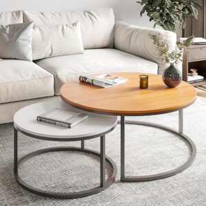 odika 31.5'' modern round nesting coffee tables (set of 2), stacking living room accent tables with industrial wood finish & metal frame, brown/white tops, space-saving, easy assembly & cleaning