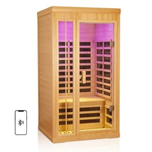kanlanth 1 to 2 person infrared sauna, hemlock wood low emf far infrared sauna for home, 1,350watt, indoor saunas with bluetooth, lcd, led