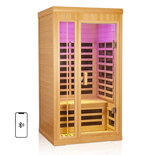 Kanlanth 1 to 2 Person Infrared Sauna, Hemlock Wood Low EMF FAR Infrared Sauna for Home, 1,350watt, Indoor Saunas with Bluetooth, LCD, LED