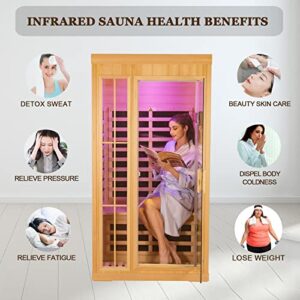 Kanlanth 1 to 2 Person Infrared Sauna, Hemlock Wood Low EMF FAR Infrared Sauna for Home, 1,350watt, Indoor Saunas with Bluetooth, LCD, LED