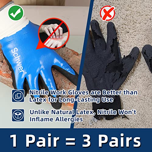 Schwer 3 Pairs Waterproof Work Gloves, Heavy Duty Gloves Sandy Nitrile Coated, Oil-Proof, Dirt-Proof Abrasion Resistant Gloves for Changing Oil, Vehicle Repair, Construction, HVAC, Cleaning (L)