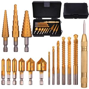 wenhuali 16pcs drill bit set with case, including titanium coated 3pcs step drill bit, 6pcs countersink drill bits, 6pcs high speed steel twist drill bits for metalworking, woodworking, hole drilling