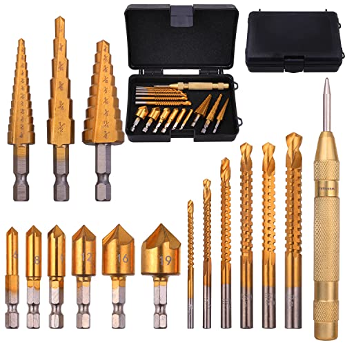 WENHUALI 16Pcs Drill Bit Set with Case, Including Titanium Coated 3Pcs Step Drill Bit, 6Pcs Countersink Drill Bits, 6Pcs High Speed Steel Twist Drill Bits for Metalworking, Woodworking, Hole Drilling