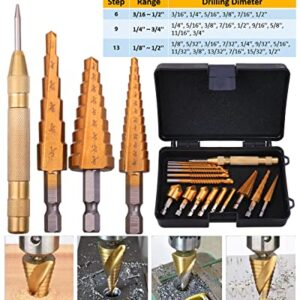 WENHUALI 16Pcs Drill Bit Set with Case, Including Titanium Coated 3Pcs Step Drill Bit, 6Pcs Countersink Drill Bits, 6Pcs High Speed Steel Twist Drill Bits for Metalworking, Woodworking, Hole Drilling