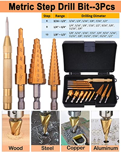 WENHUALI 16Pcs Drill Bit Set with Case, Including Titanium Coated 3Pcs Step Drill Bit, 6Pcs Countersink Drill Bits, 6Pcs High Speed Steel Twist Drill Bits for Metalworking, Woodworking, Hole Drilling