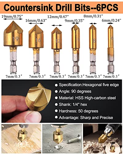 WENHUALI 16Pcs Drill Bit Set with Case, Including Titanium Coated 3Pcs Step Drill Bit, 6Pcs Countersink Drill Bits, 6Pcs High Speed Steel Twist Drill Bits for Metalworking, Woodworking, Hole Drilling