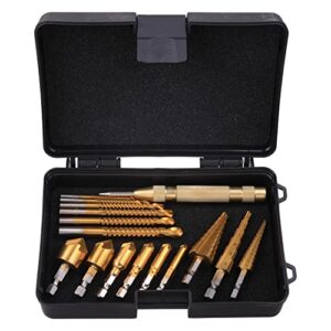 WENHUALI 16Pcs Drill Bit Set with Case, Including Titanium Coated 3Pcs Step Drill Bit, 6Pcs Countersink Drill Bits, 6Pcs High Speed Steel Twist Drill Bits for Metalworking, Woodworking, Hole Drilling