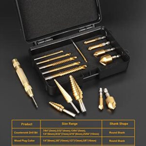 WENHUALI 16Pcs Drill Bit Set with Case, Including Titanium Coated 3Pcs Step Drill Bit, 6Pcs Countersink Drill Bits, 6Pcs High Speed Steel Twist Drill Bits for Metalworking, Woodworking, Hole Drilling