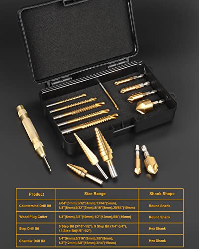WENHUALI 16Pcs Drill Bit Set with Case, Including Titanium Coated 3Pcs Step Drill Bit, 6Pcs Countersink Drill Bits, 6Pcs High Speed Steel Twist Drill Bits for Metalworking, Woodworking, Hole Drilling