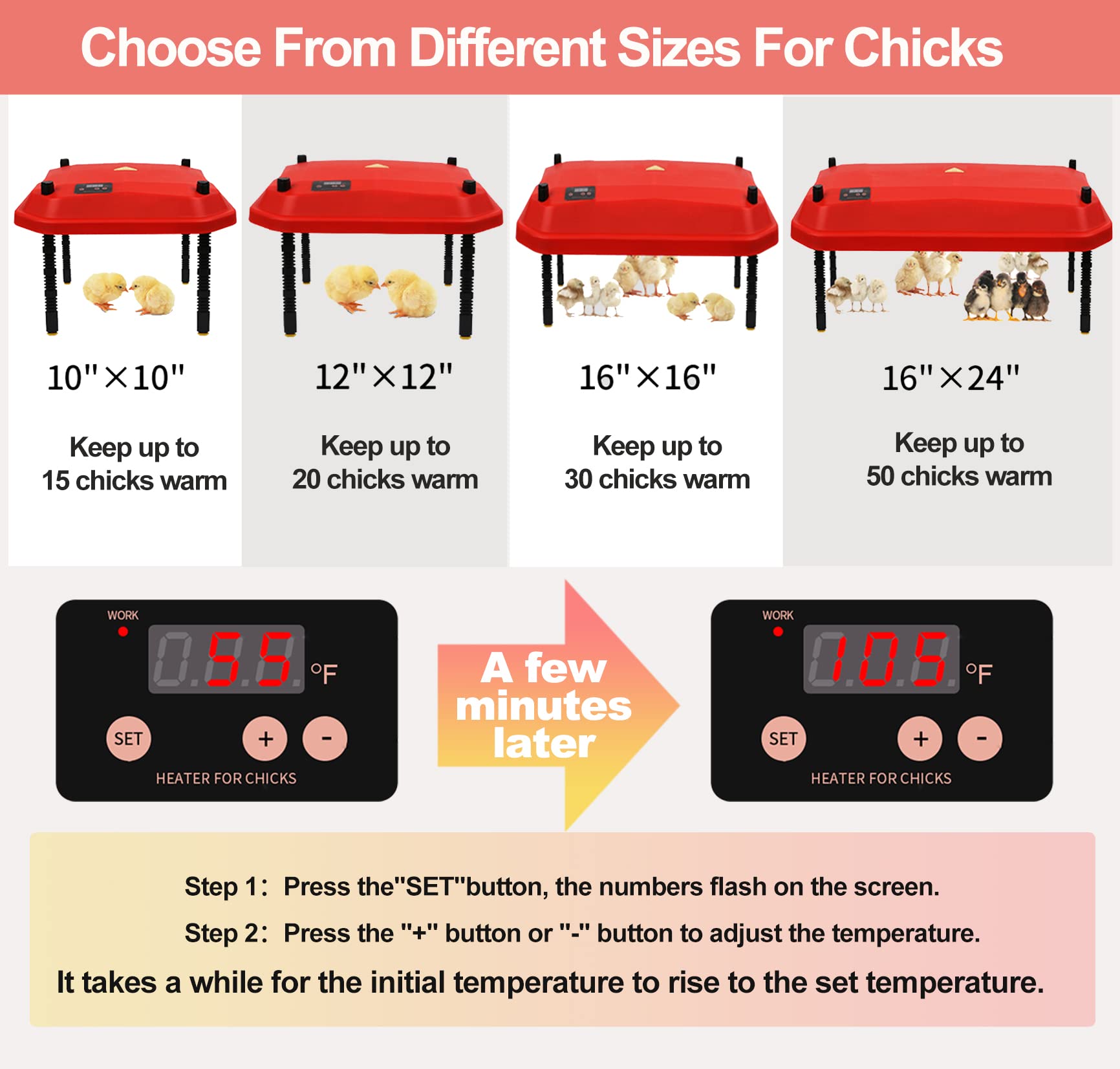 OUYOLAD Chick Brooder Heating Plate 16" x 24", Chicken Brooder with Temperature Adjustable, Brooder Heater Plate, Chicks Heating Plate for chicks with Adjustable Height 66W Warms Up to 50 Chicks