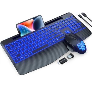 wireless keyboard and mouse backlits, wrist rest, jiggler mouse, rechargeable ergonomic keyboard with phone holder, silent light up combo for computer, mac, pc, laptop, chromebook -by sablute