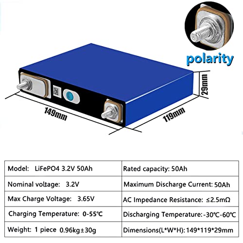 VNSZNR LiFePO4 Cell 50Ah 3.2V Battery Grade A Deep Cycle Lithium Iron Phosphate Rechargeable Battery with Screws and Bus Bar,Power Supply for Solar Systems,Golf Cart,Motor,Off Grid