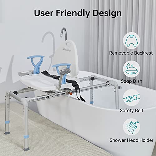 ELENKER Heavy Duty Sliding Shower Chair with Swivel Seat, Rotating Sliding Bathtub Transfer Bench and Bath Safety Seat with Non-Slip Suction Cup