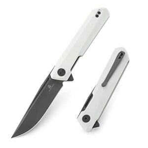 bestechman dundee pocket folder folding knife: 3.35" d2 steel grey titanized blade, g10 scales, edc reversible deep clip, bmk01i (white handle)