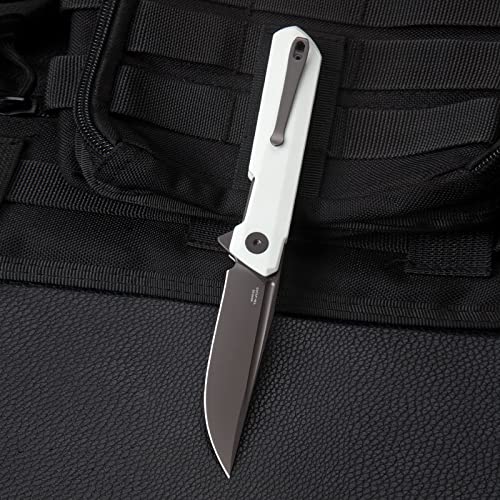 BESTECHMAN Dundee Pocket Folder Folding Knife: 3.35" D2 Steel Grey Titanized Blade, G10 Scales, EDC Reversible Deep Clip, BMK01I (White Handle)