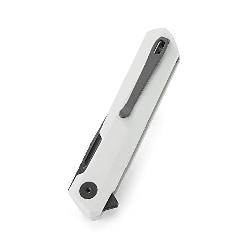 BESTECHMAN Dundee Pocket Folder Folding Knife: 3.35" D2 Steel Grey Titanized Blade, G10 Scales, EDC Reversible Deep Clip, BMK01I (White Handle)