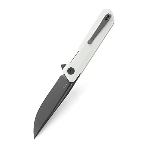 BESTECHMAN Dundee Pocket Folder Folding Knife: 3.35" D2 Steel Grey Titanized Blade, G10 Scales, EDC Reversible Deep Clip, BMK01I (White Handle)