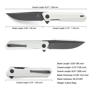 BESTECHMAN Dundee Pocket Folder Folding Knife: 3.35" D2 Steel Grey Titanized Blade, G10 Scales, EDC Reversible Deep Clip, BMK01I (White Handle)