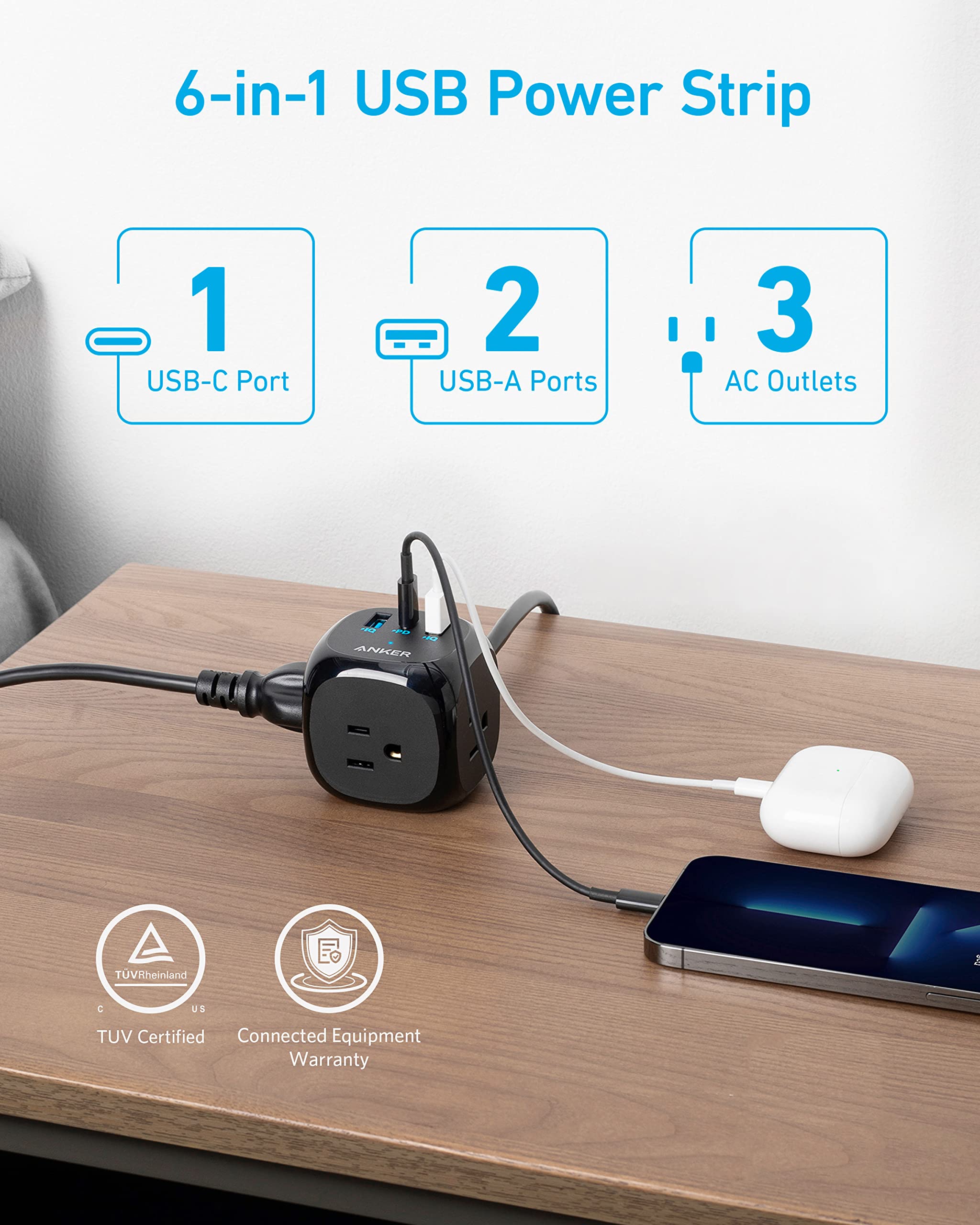 Anker 20W USB C Power Strip, 321 Power Strip with 3 Outlets and USB C Charging for iPhone 15/15 Plus/15 Pro/15 Pro Max, 5 ft Extension Cord, Power Delivery Charging for Dorm Rooms,Home Office(Black)