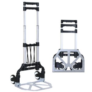 abacad folding hand truck dolly cart，aluminum portable hand cart for daily handling work，200lbs, with silent wheel，telescoping handle，black bungee cord, can stand alone，light weight