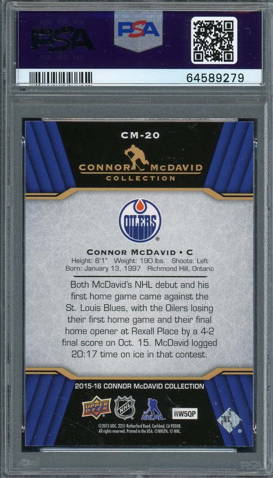 Connor McDavid 2015 Upper Deck Hockey Rookie Card RC #CM-20 Graded PSA 10