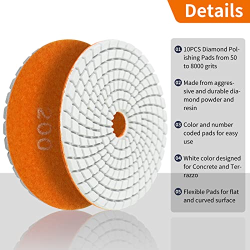 14PACK Diamond Polishing Pads with Rubber Backer & Wool Felt, 4 Inch Wet Dry Marble Granite Polishing Kit for Grinder Drill Polisher, 50-8000 Grit Sanding Pad for Quartz Countertop Tile Stone Concrete