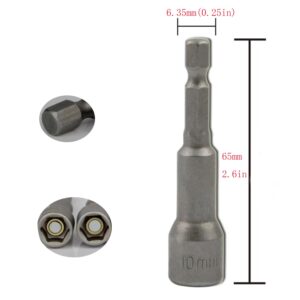 2pcs 1/4" Quick-Change Hex Shank 10mm nut driver magnetic ， 1/4 10mm nut driver bit,10mm hex nut driver bit ，65mm Length，Metric